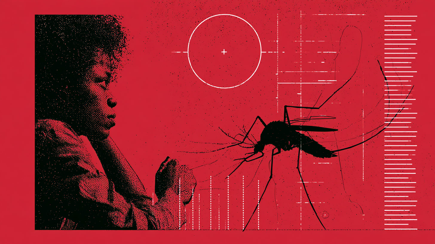 Stylized illustration of a person in profile facing a large mosquito silhouette, red black and white color scheme with technical grid overlays