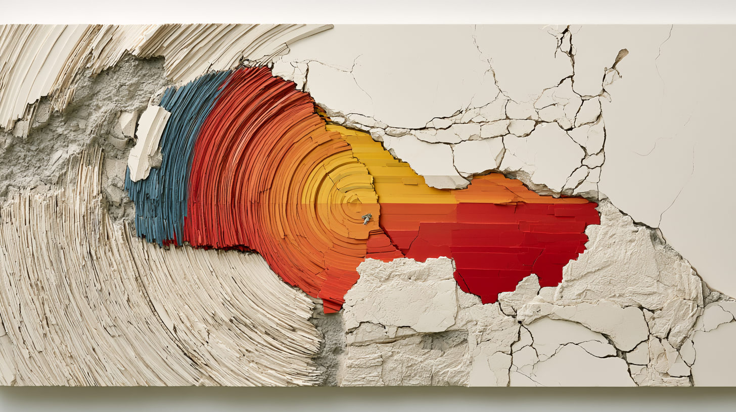 Abstract artwork of a cracked white surface revealing vibrant concentric rings of blue, red, orange and yellow — representing the seismic rupture of the Venezuela earthquake