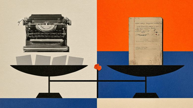 A balance scale weighs a typewriter and blank papers against an aged handwritten notebook, on a cream, orange and blue background