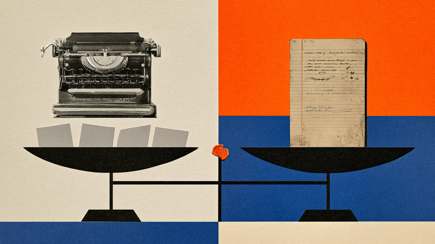 A balance scale weighs a typewriter and blank papers against an aged handwritten notebook, on a cream, orange and blue background