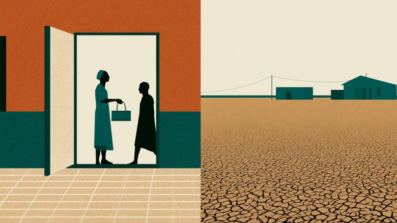 Split-panel illustration: silhouetted figures in a doorway beside a vast cracked desert landscape