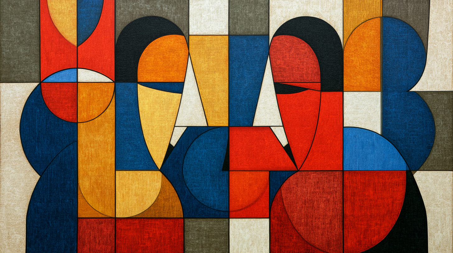 Geometric abstract painting of two facing profiles in red, blue, orange, black, cream, and gray blocks, evoking Cubism