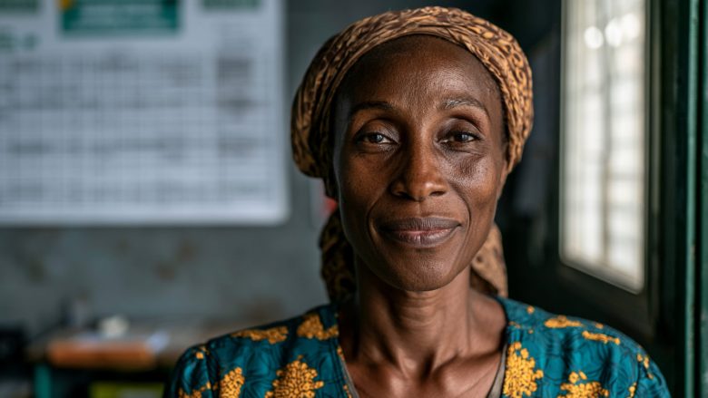 Portrait of a health worker in Togo, smiling confidently in a clinic setting
