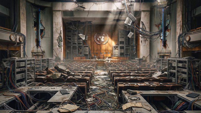 A dilapidated UN assembly chamber in ruins, desks buried under tangled wires and debris, server racks and broken monitors lining the crumbling hall, the UN emblem still mounted on the far wall