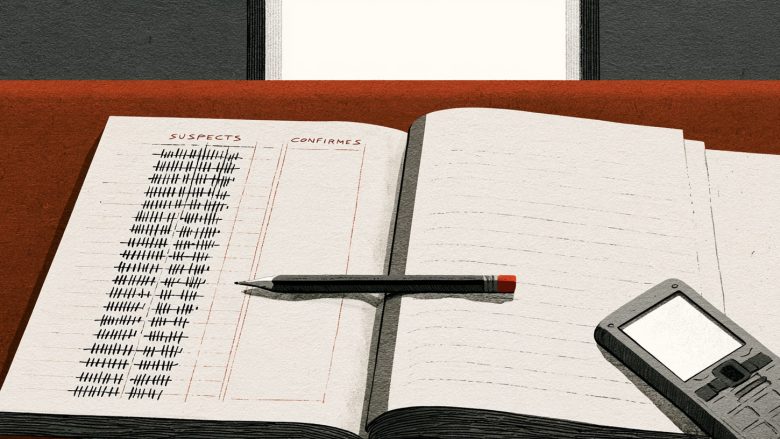An open notebook with a Suspects column full of tally marks and an empty Confirmes column, pencil and phone on desk