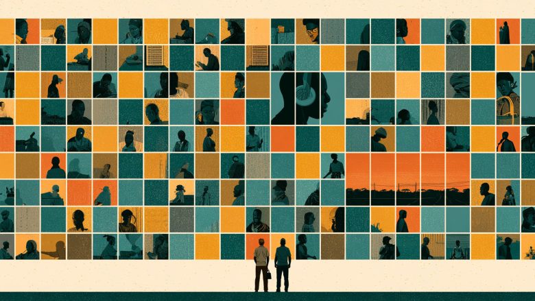 Mosaic illustration of many portraits with two silhouetted figures looking up at the wall