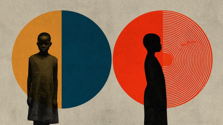 Two large circles against a textured beige background. Left: circle split orange and dark teal, with a dark-skinned child facing forward. Right: red circle with white concentric rings, overlapped by a black silhouette of a child in profile.