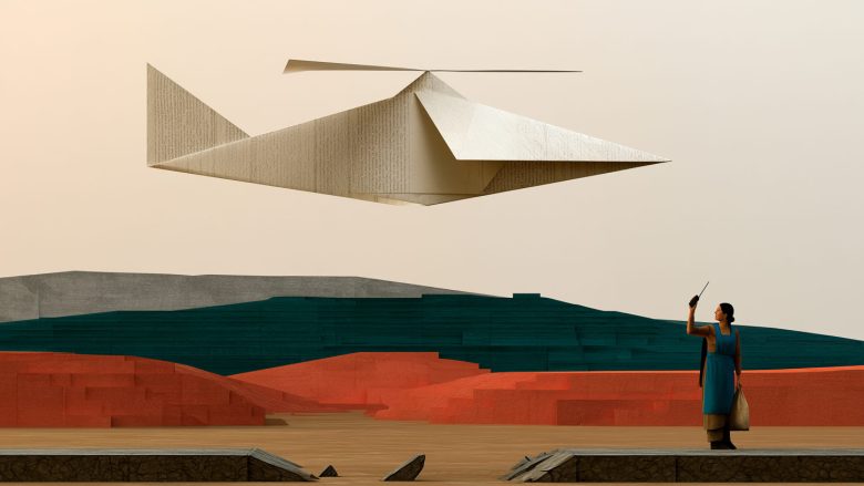 Illustration of a woman in a blue dress signalling with a radio toward an origami-style paper helicopter, standing before layered red, teal and grey terrain representing the Nepal flood response