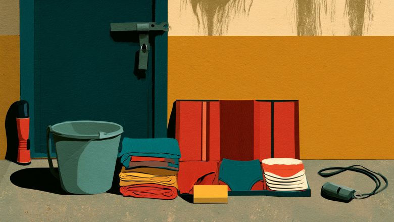 Illustration of a dignity kit with bucket, clothing, sanitary items, torch and whistle beside a locked door