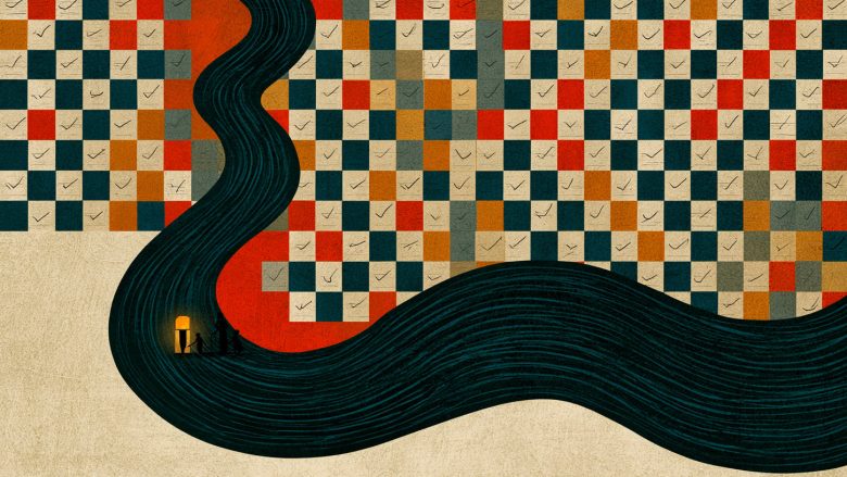 Illustration: a figure with a lantern walks along a winding path through a colourful checkered landscape