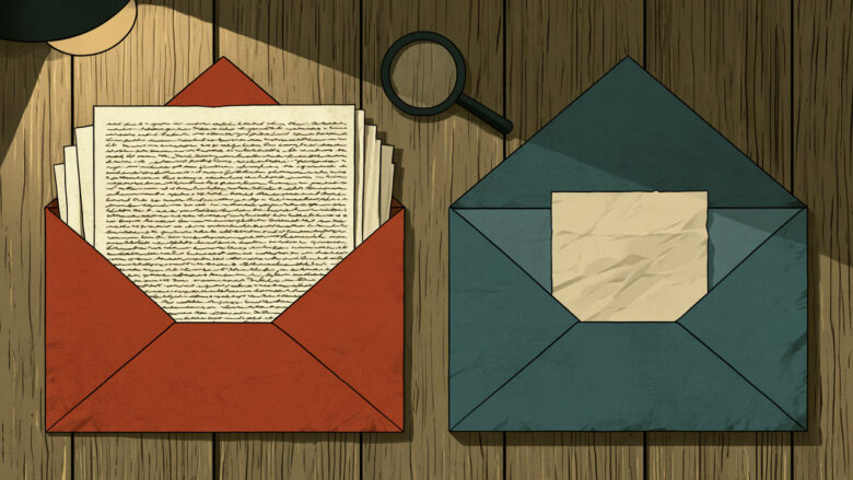Overhead illustration of a wooden desk with a lamp, magnifying glass, and two open envelopes: one red envelope stuffed with handwritten pages, one blue envelope holding a single blank sheet