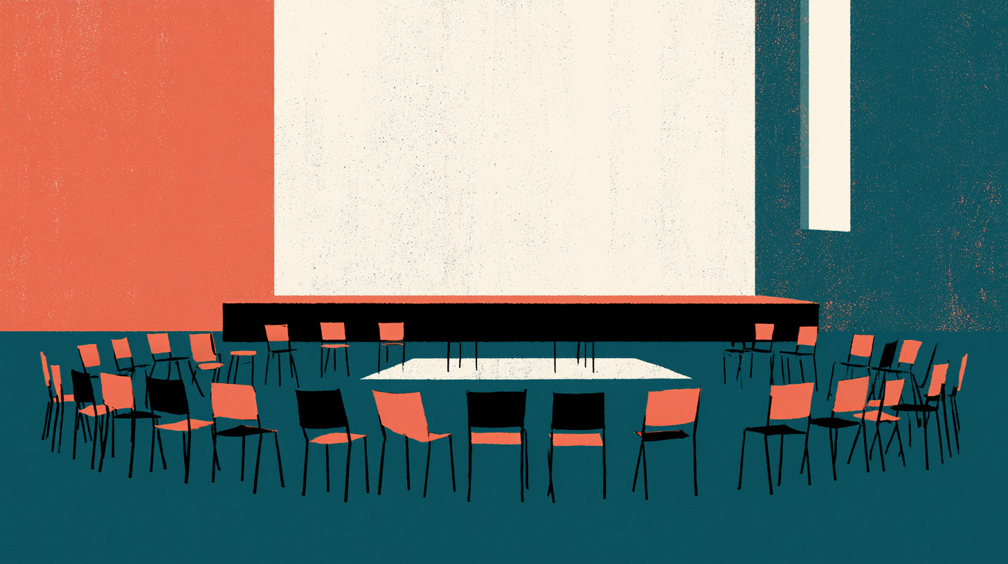 Empty stylized lecture hall with coral-orange and black chairs facing a blank white screen