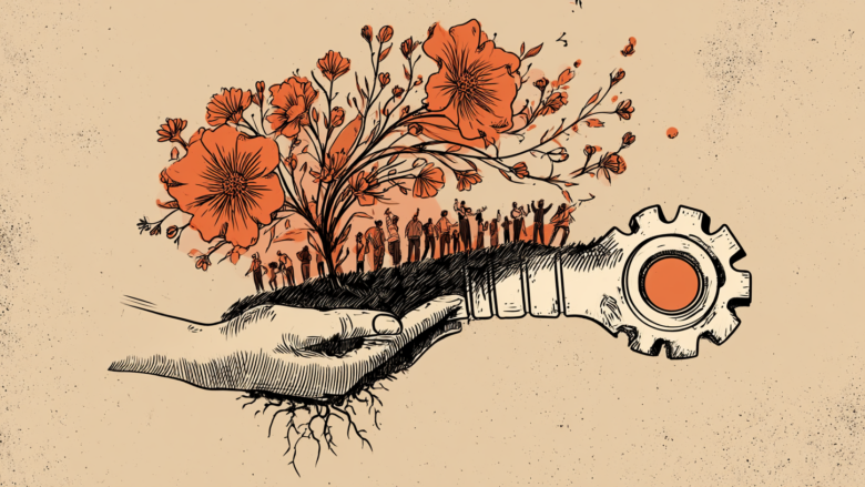 Illustration: people tend a flowering tree growing from a gear mechanism, representing community-rooted leadership