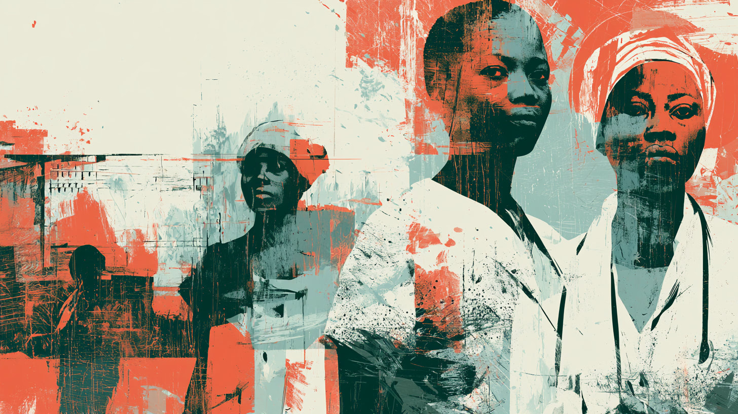 Stylized illustration of health workers in red and teal tones