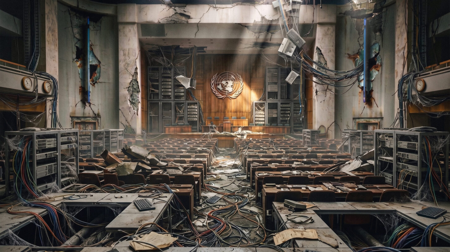 A dilapidated UN assembly chamber in ruins, desks buried under tangled wires and debris, server racks and broken monitors lining the crumbling hall, the UN emblem still mounted on the far wall