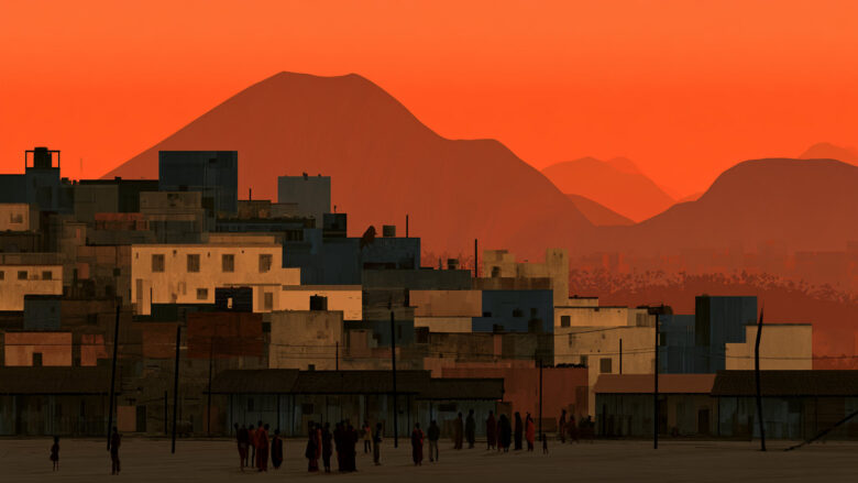 Stylized cityscape at dusk with geometric buildings, an orange sky, and human figures gathered in the foreground street