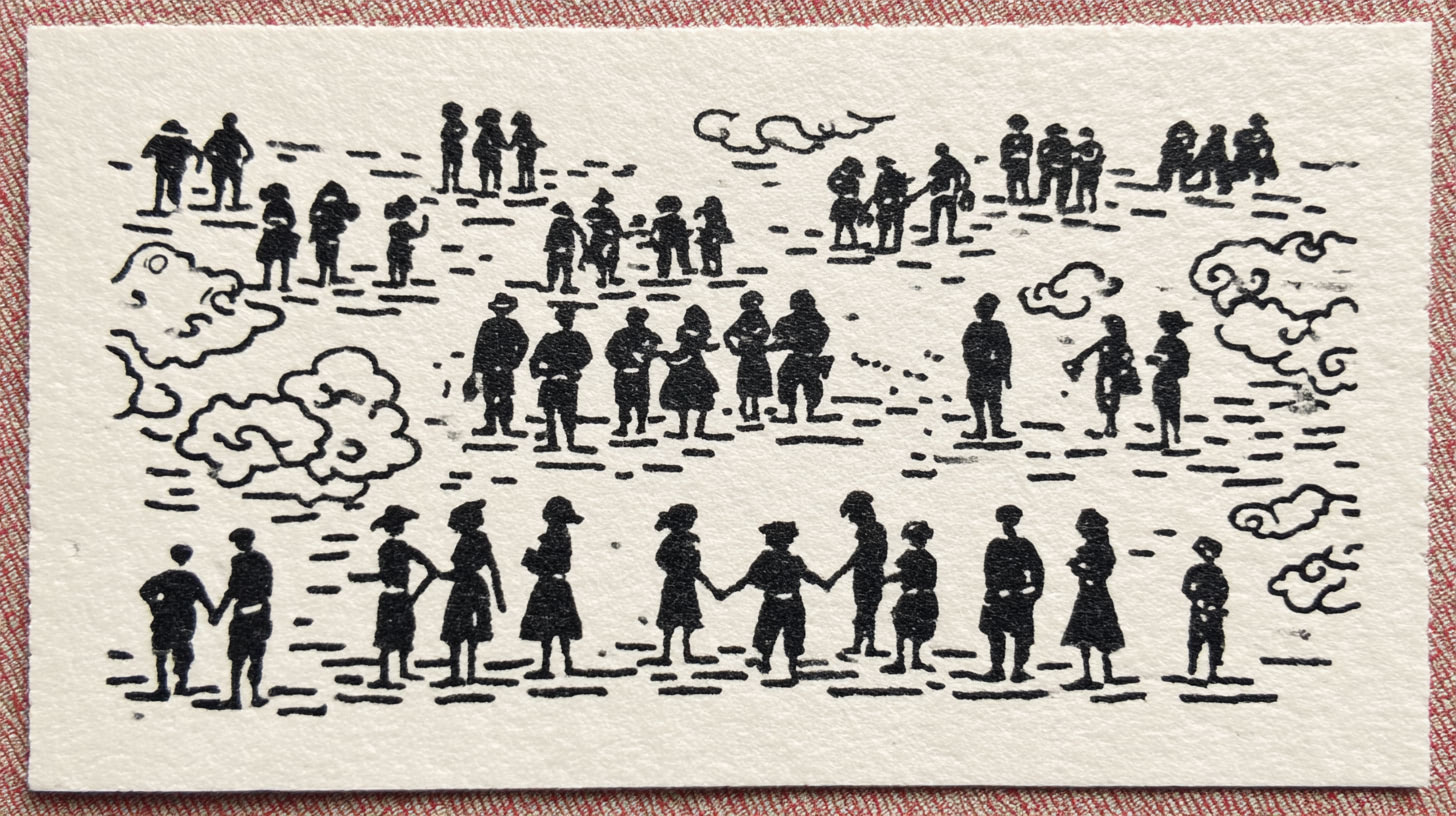 Black ink illustration on textured cream paper showing silhouettes of diverse people standing, walking, and holding hands in groups, with clouds scattered throughout