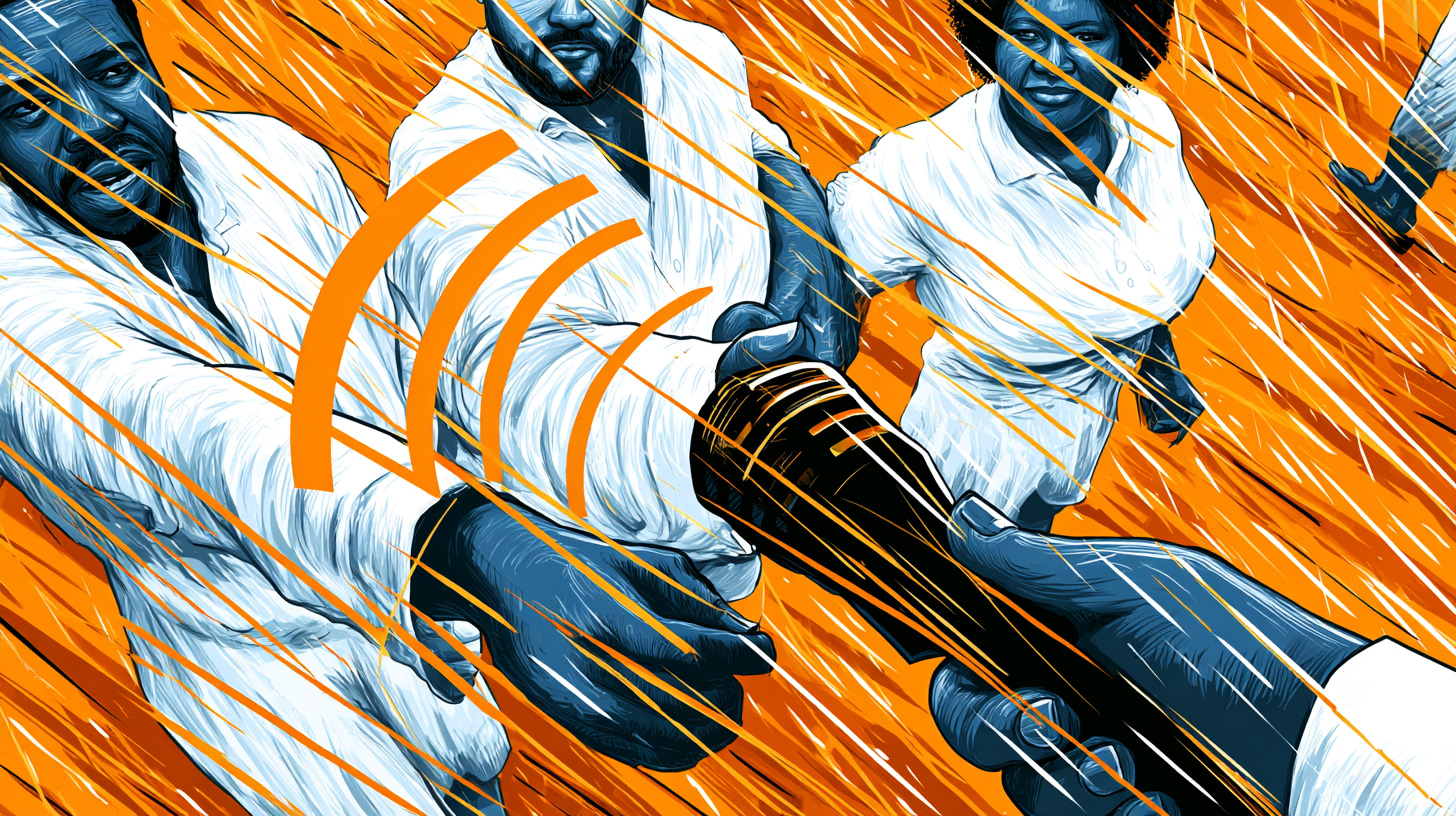 Stylized illustration of two figures in teal and yellow with diagonal lines