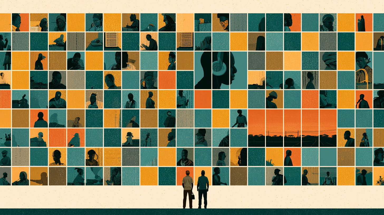 Mosaic illustration of many portraits with two silhouetted figures looking up at the wall