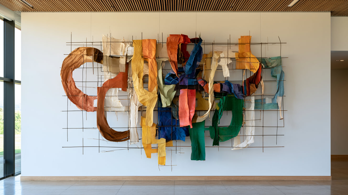 Abstract wall sculpture of torn colorful fabric draped across a black metal grid, evoking a commons of fragmented, interwoven contributions