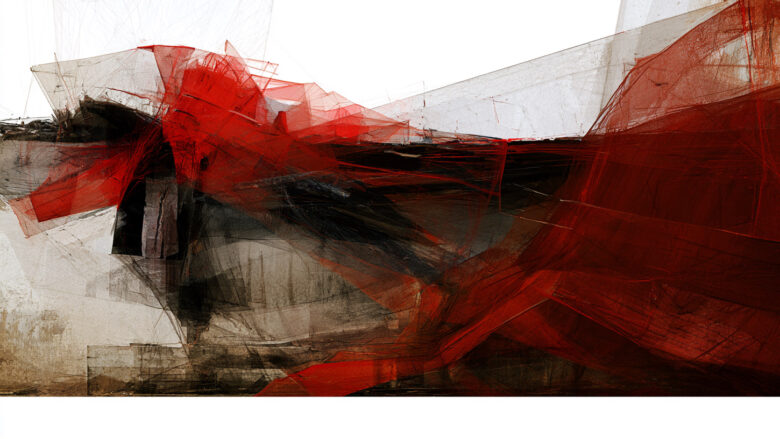 Abstract expressionist painting in crimson and black evoking the Colombia earthquake