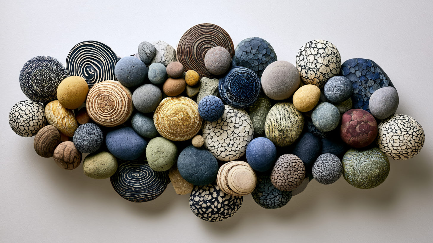 Wall sculpture of diverse textured spheres and stones representing local voices in climate and health