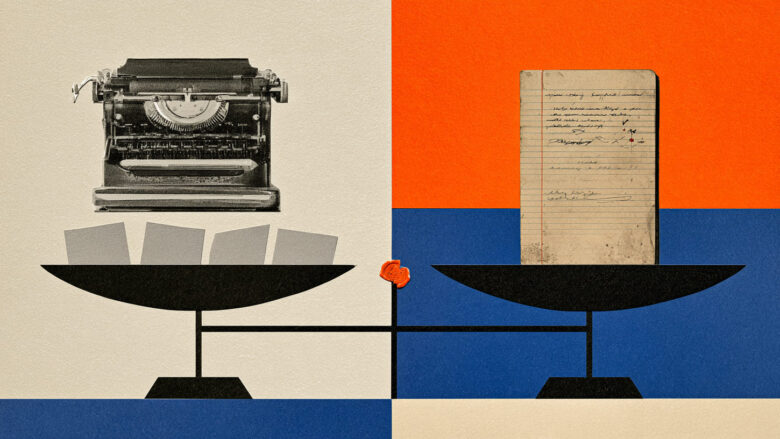 A balance scale weighs a typewriter and blank papers against an aged handwritten notebook, on a cream, orange and blue background