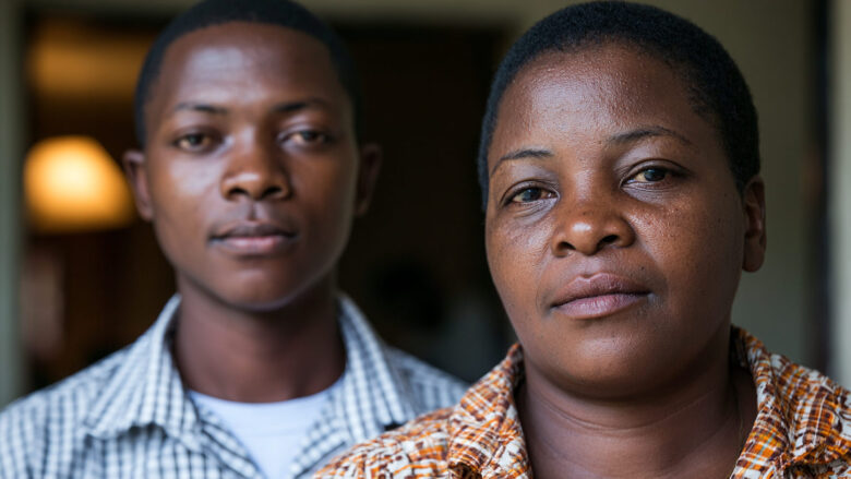 Two community members look directly at the camera, representing the people at the heart of community health and malaria prevention efforts