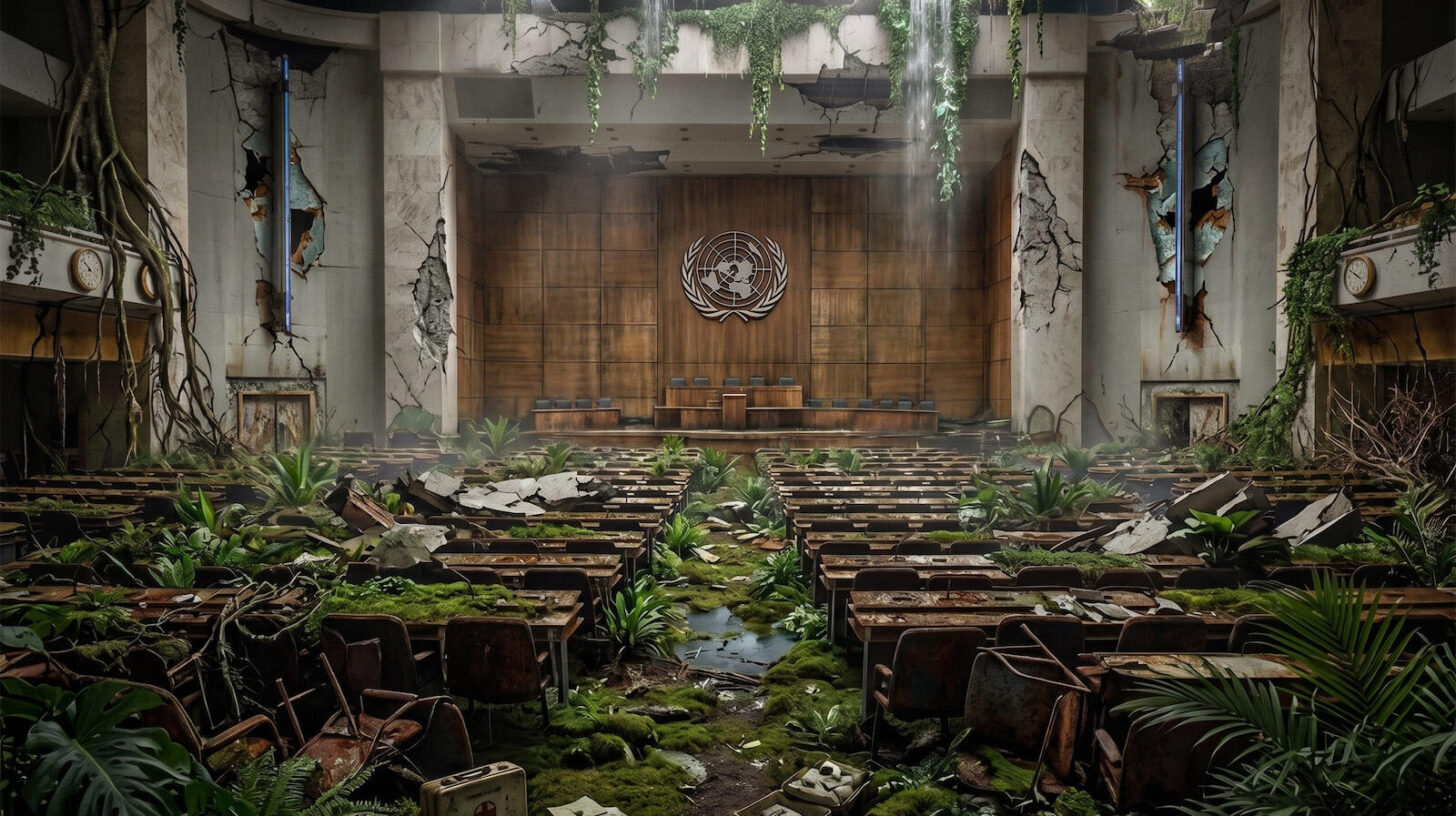 A ruined World Health Organization assembly hall reclaimed by jungle vegetation, with the UN emblem on a cracked wall and broken benches overrun by moss and ferns.