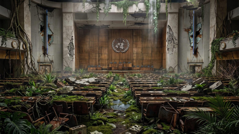A ruined World Health Organization assembly hall reclaimed by jungle vegetation, with the UN emblem on a cracked wall and broken benches overrun by moss and ferns.