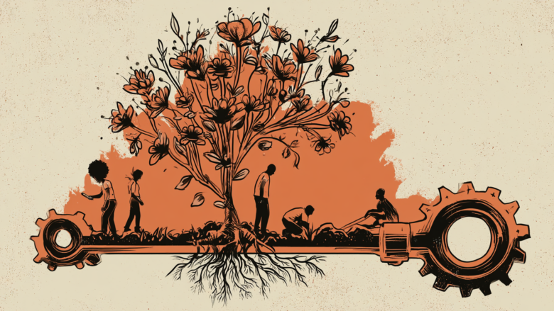 Illustration: a hand holds a key shaped like a gear with people and flowering plants growing from it