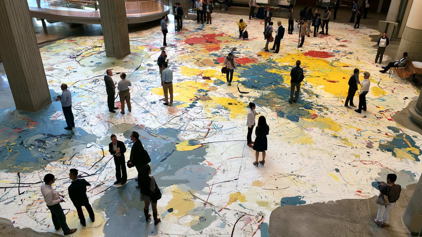 Visitors at the Agentic AI Summit in Berkeley stand on a large abstract expressionist painting covering the atrium floor