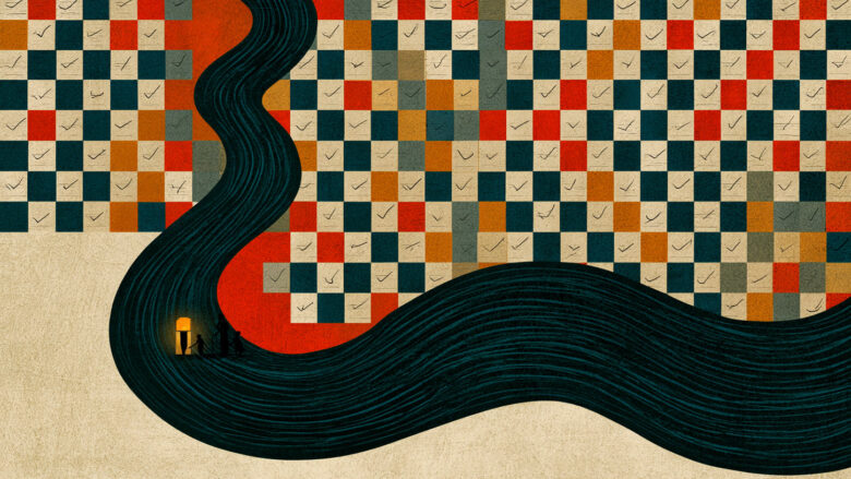 Illustration: a figure with a lantern walks along a winding path through a colourful checkered landscape