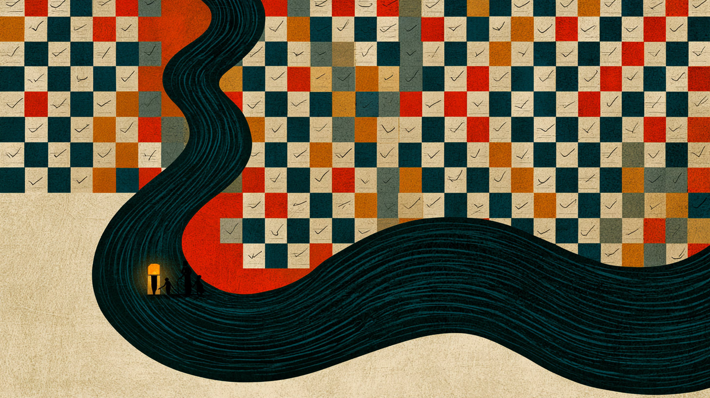 Illustration: a figure with a lantern walks along a winding path through a colourful checkered landscape