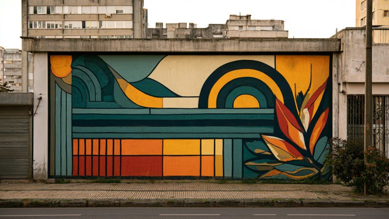 Abstract mural of a sunrise over a stylized building, evoking climate resilience