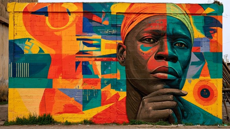 Colorful mural portrait of a health worker in a headwrap, symbolizing leadership and mentorship