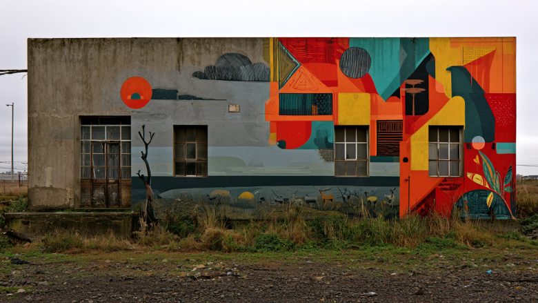 Abstract mural illustration on a building facade
