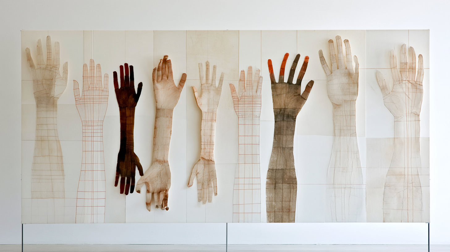 Installation of ten paper hands and arms in different skin tones raised against a white wall