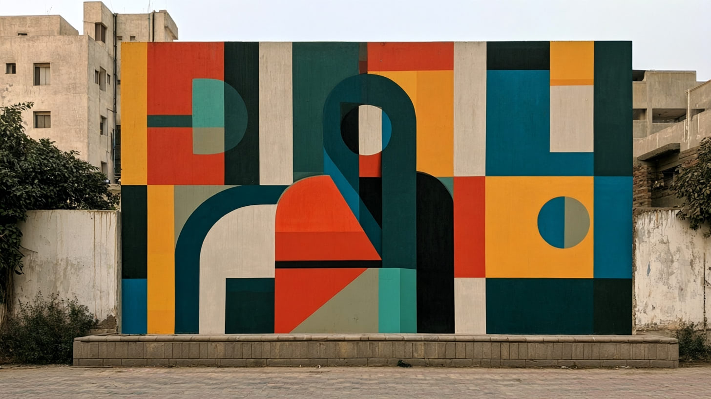 Colorful geometric mural depicting an abstract human figure, symbolizing the transition of menopause