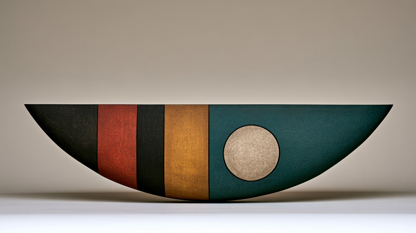 Curved bowl-shaped sculpture with black, red, ochre and teal bands and a pale circle