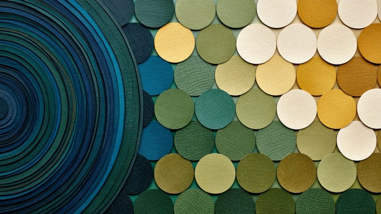 Paper-cut illustration of concentric blue-green rings on the left and rows of green, gold and cream paper circles on the right