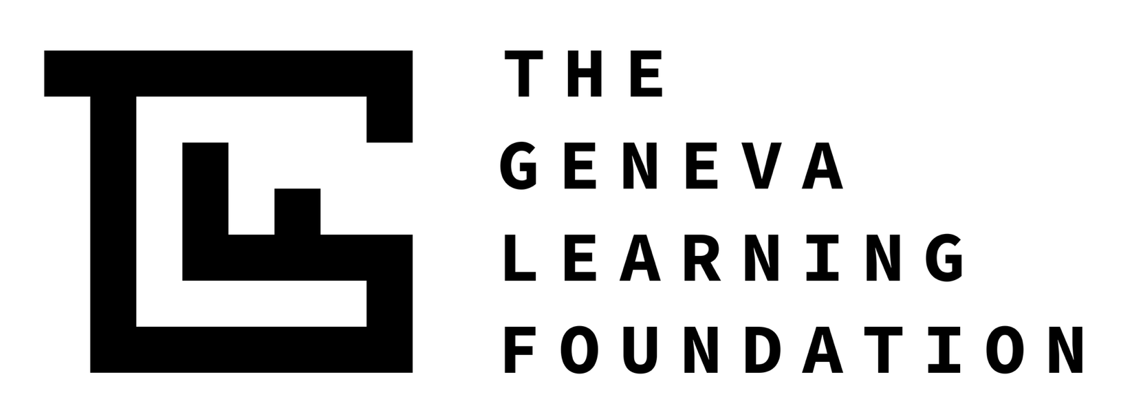 The new mark beside the stacked name The Geneva Learning Foundation in monospaced capitals