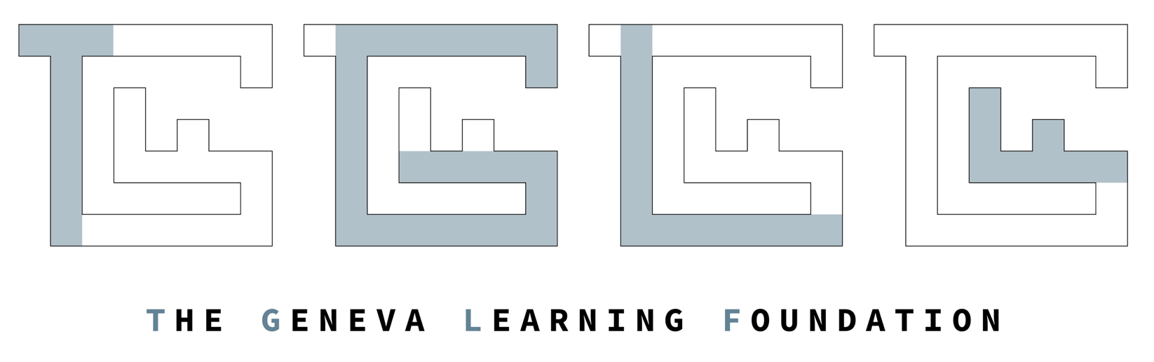 The four letters T, G, L and F shown separately in blue-grey before they lock together into the mark