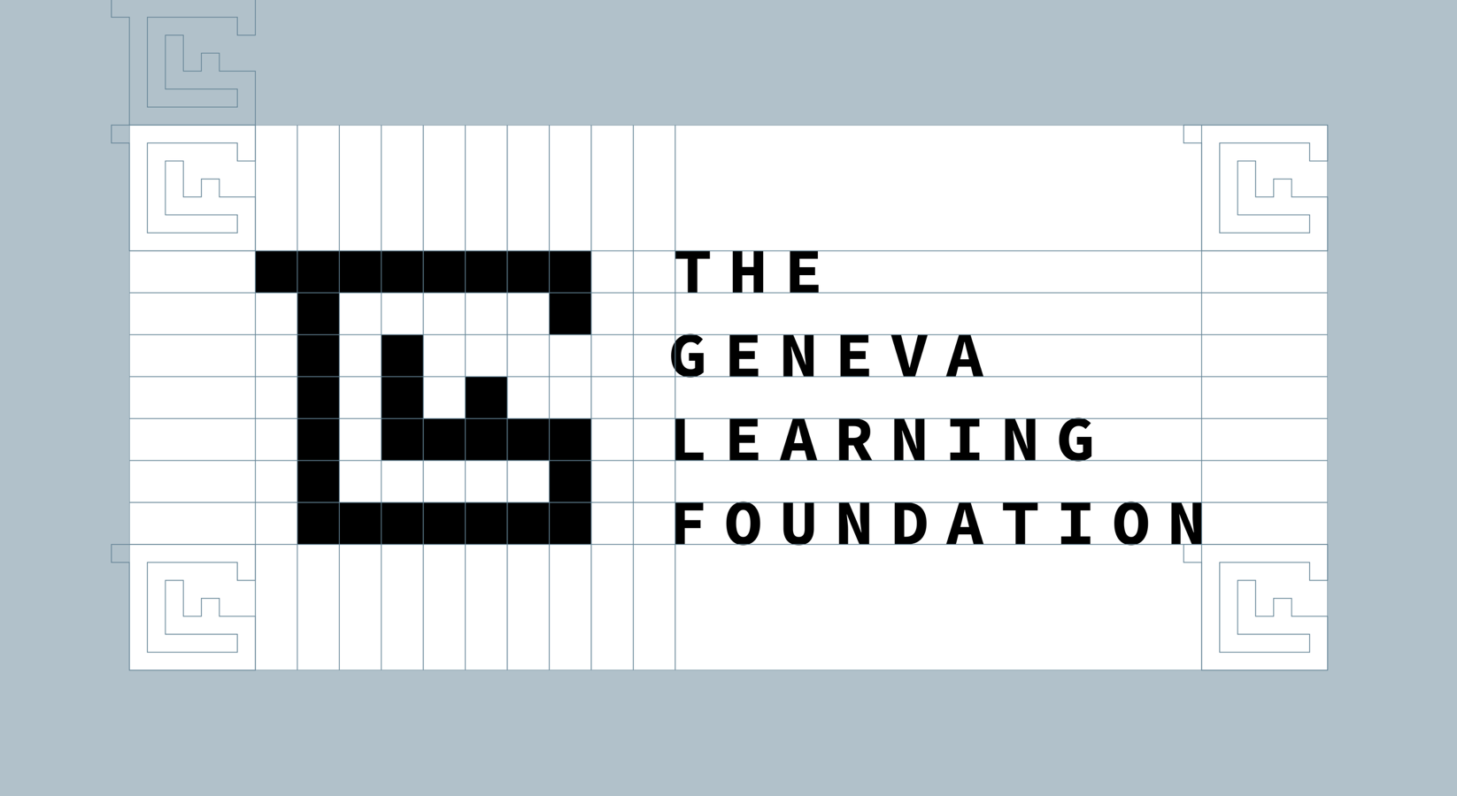 Construction grid showing the mark built on a pixel grid beside the stacked name