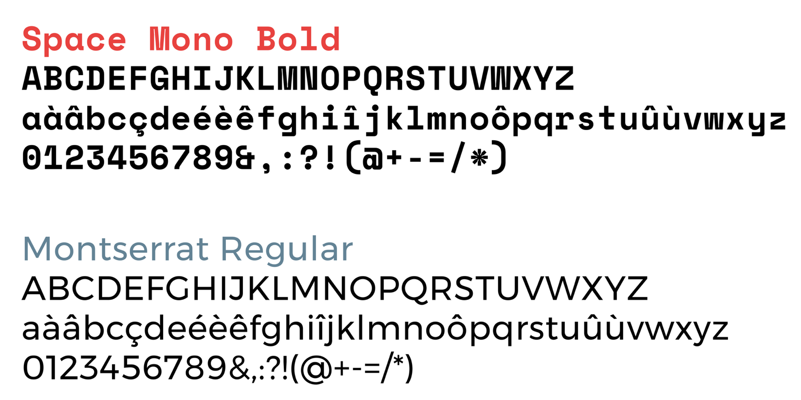 Type specimens of Space Mono Bold and Montserrat Regular