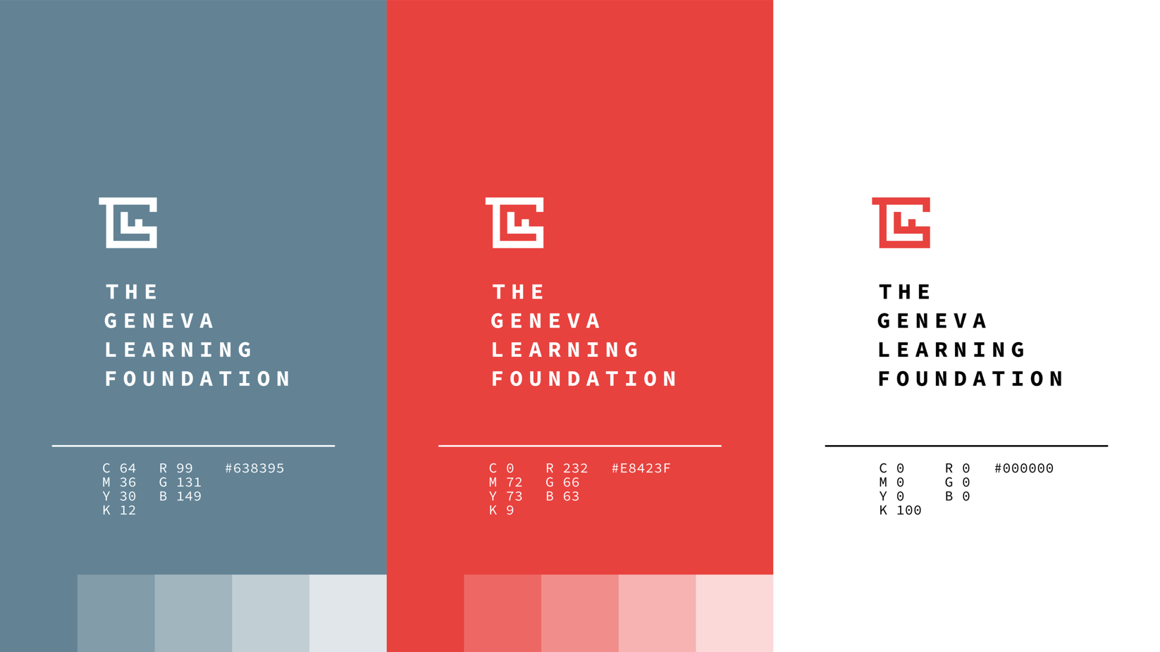 Colour palette with blue-grey, signal red and white versions of the logo and their CMYK, RGB and hex values