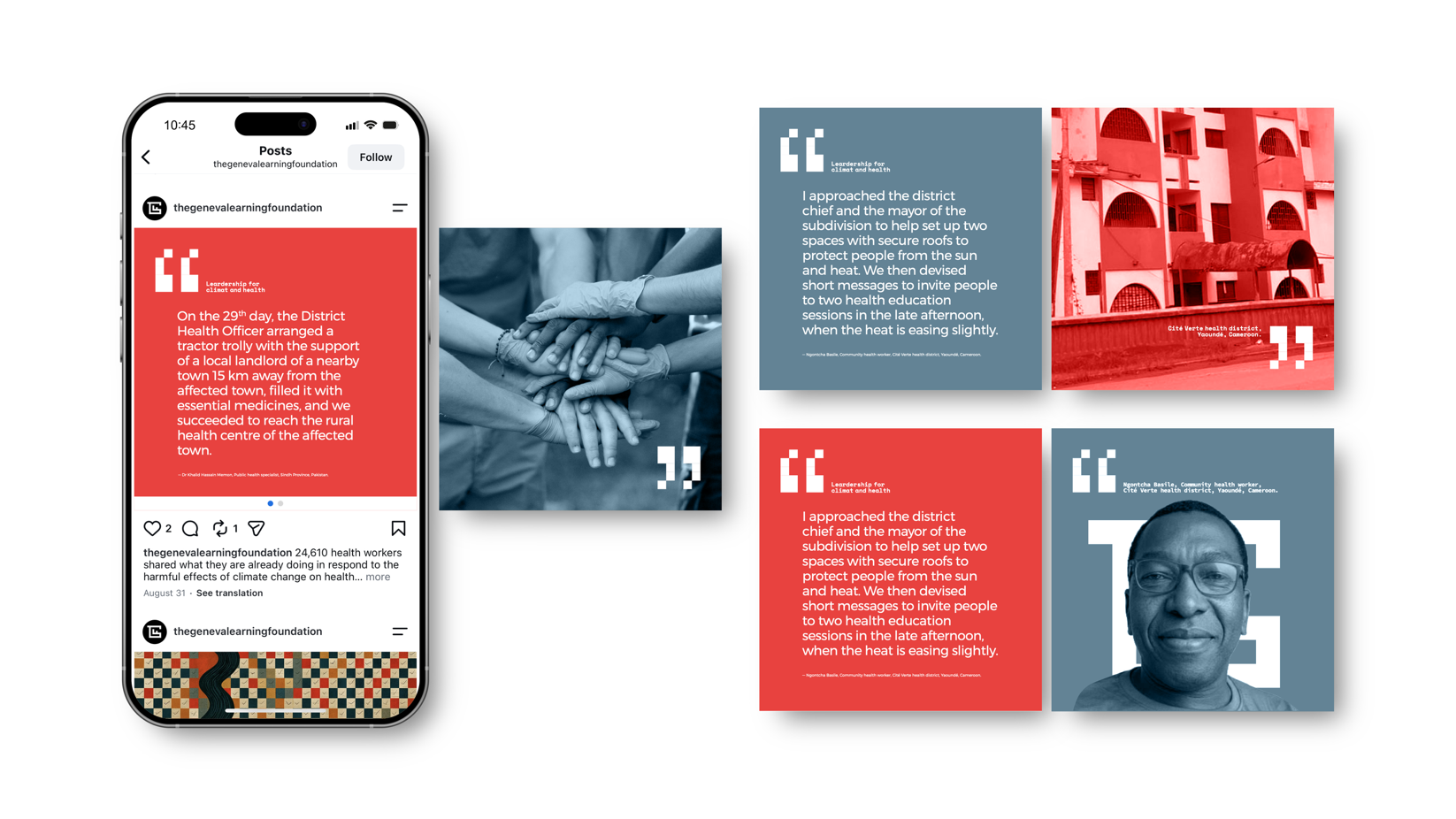 Social media templates with quotations from health workers on red and blue-grey cards, shown on a phone and flat