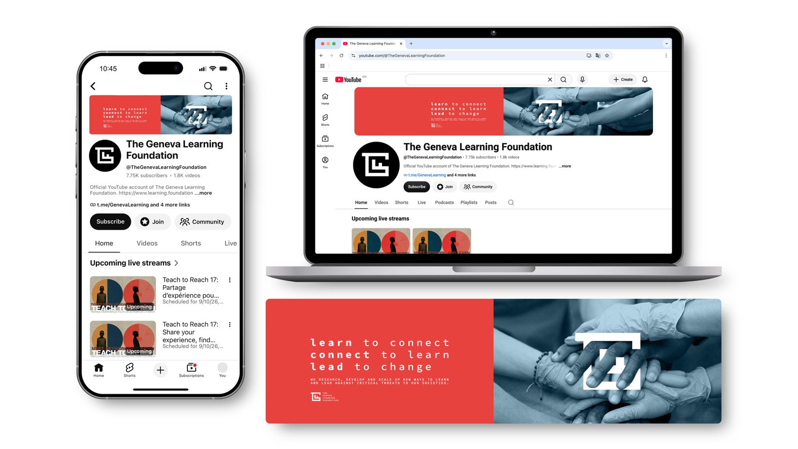 YouTube channel banner and profile on a phone and a laptop using the new identity