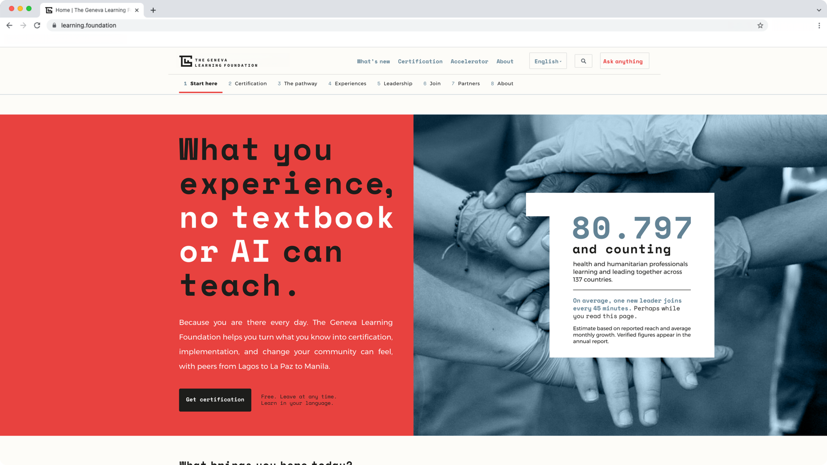 The learning.foundation homepage with the new logo, a red headline panel and a counter of health and humanitarian professionals